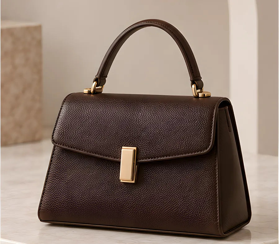 The DIID Signature Structured Handbag in chocolate with a champagne-gold clasp