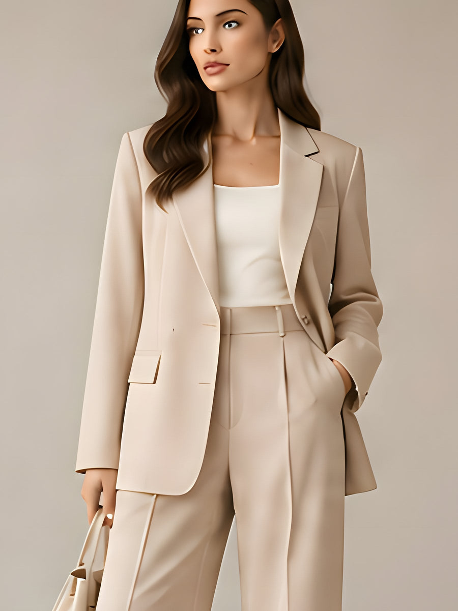 Ivory tailored blazer and wide-leg trousers worn as a co-ord set