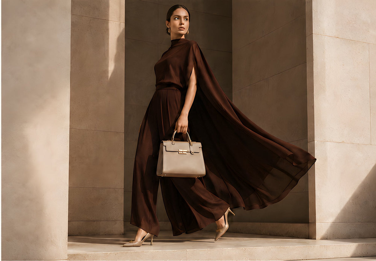Woman in a flowing chocolate-brown outfit carrying a structured handbag in Dubai