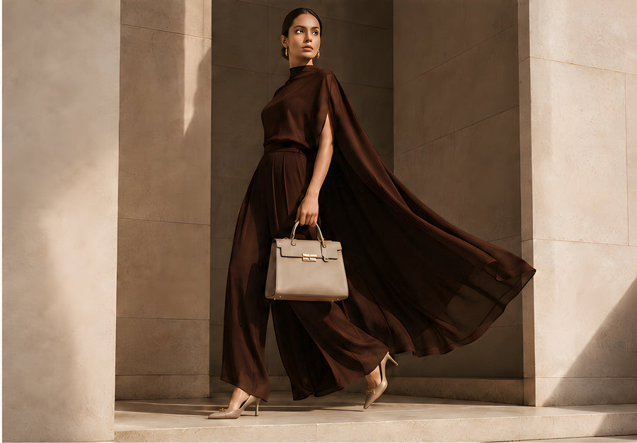 Woman in a flowing chocolate-brown outfit carrying a structured handbag in Dubai