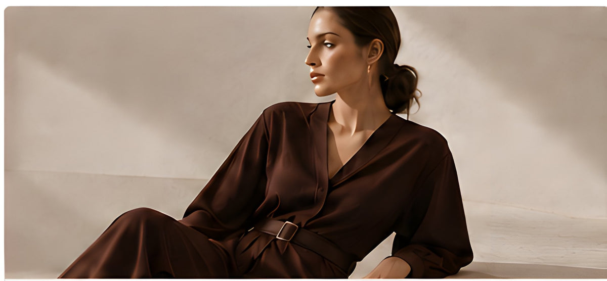 Woman in a chocolate-brown outfit seated against a warm stone wall