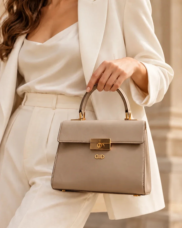 DIID Top-Handle Mini Bag in taupe, carried with an ivory outfit