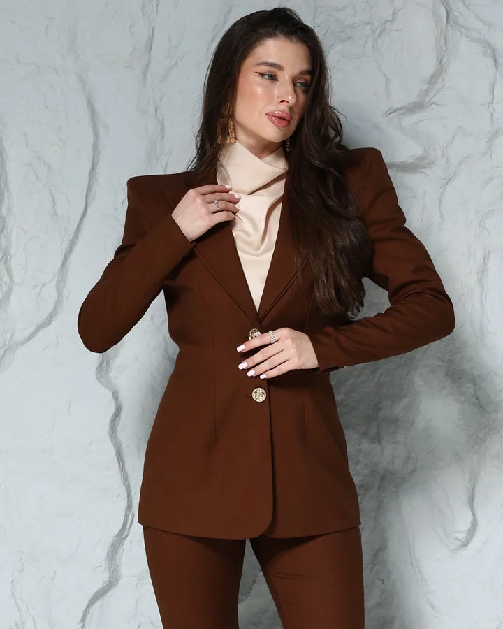 The DIID Imperia Set: chocolate-brown tailored blazer and trousers with a champagne high-neck top