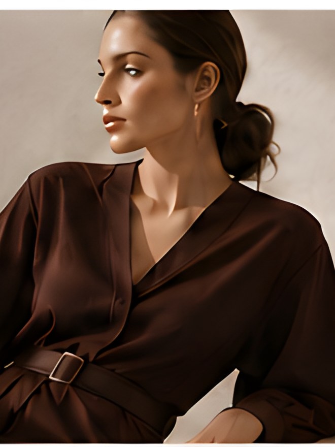 DIID Belted Midi Dress in chocolate with a V-neck and a leather belt at the waist