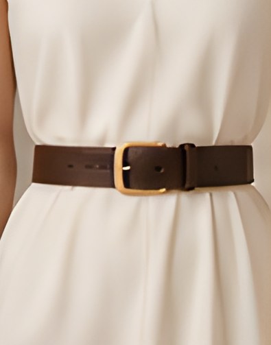Ivory DIID midi dress defined at the waist with a chocolate leather belt