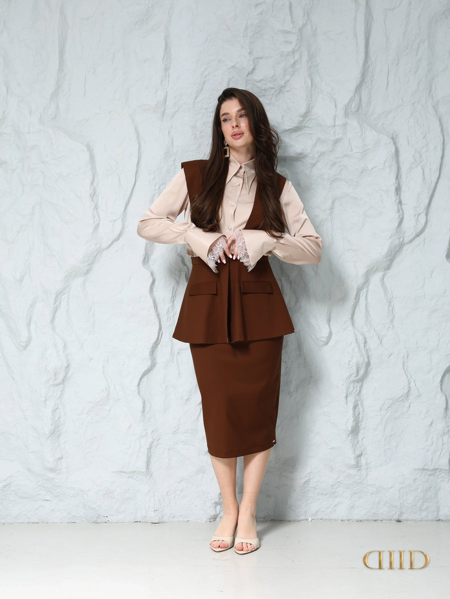 DIID Contessa Set: chocolate-brown waistcoat and straight midi skirt with a champagne satin shirt, front view