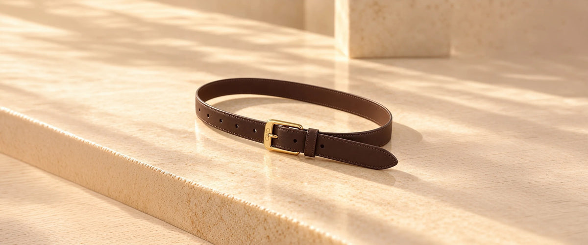 DIID Gold Buckle Belt on sunlit stone