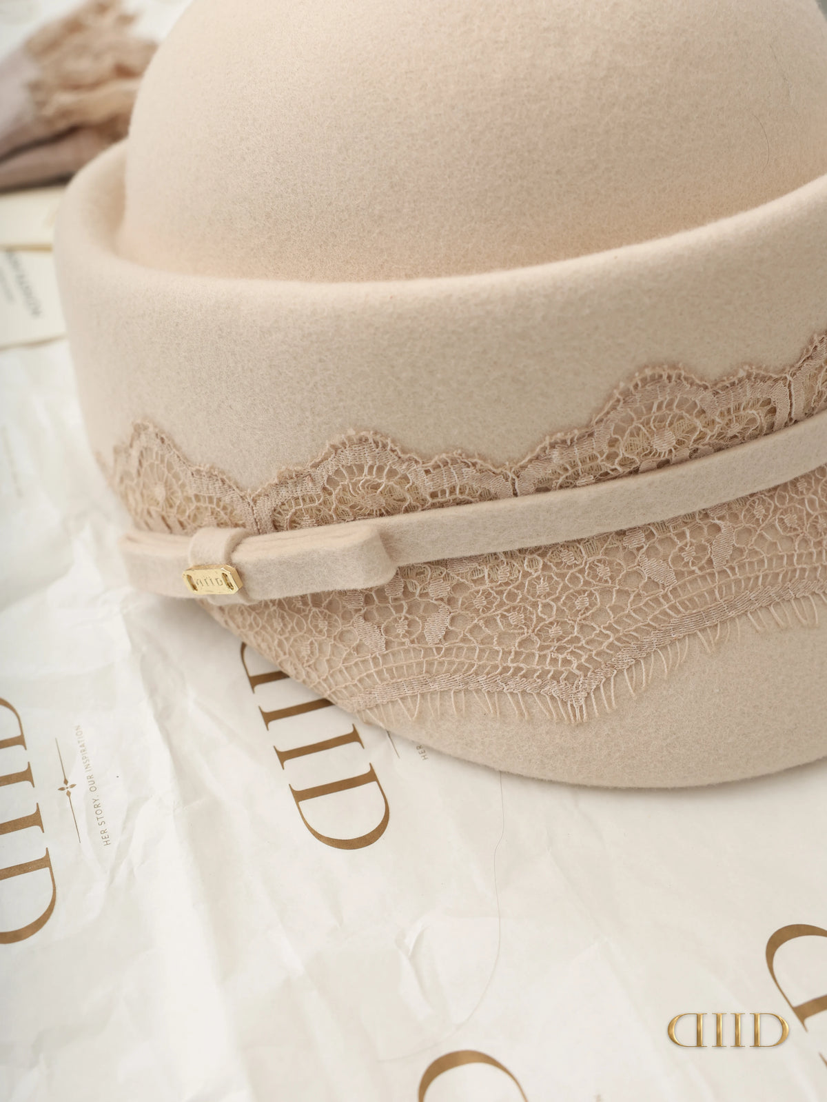 Lace band and strap detail of the DIID cloche hat