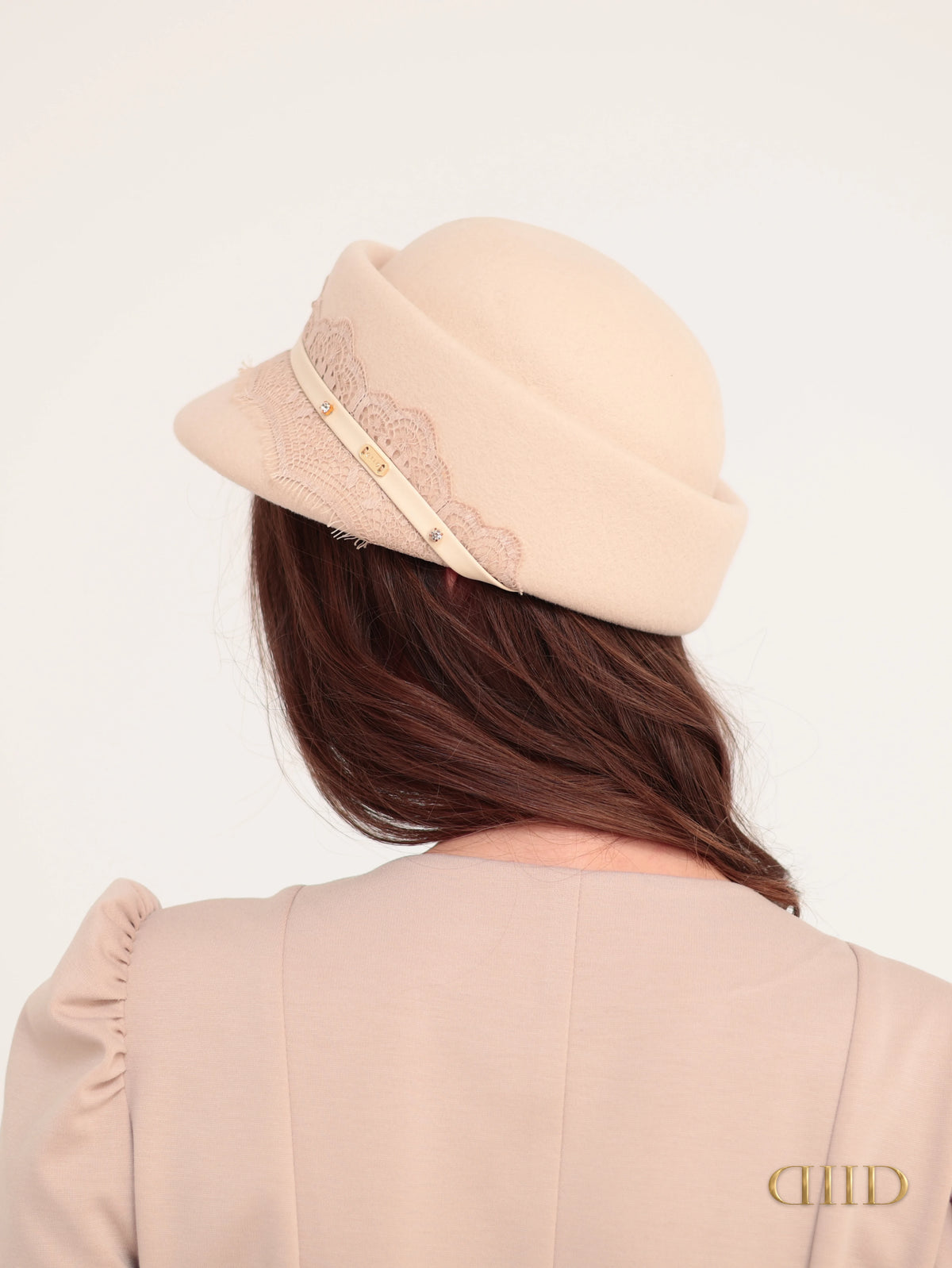 DIID Ivory Lace-Band Cloche Hat worn, back view