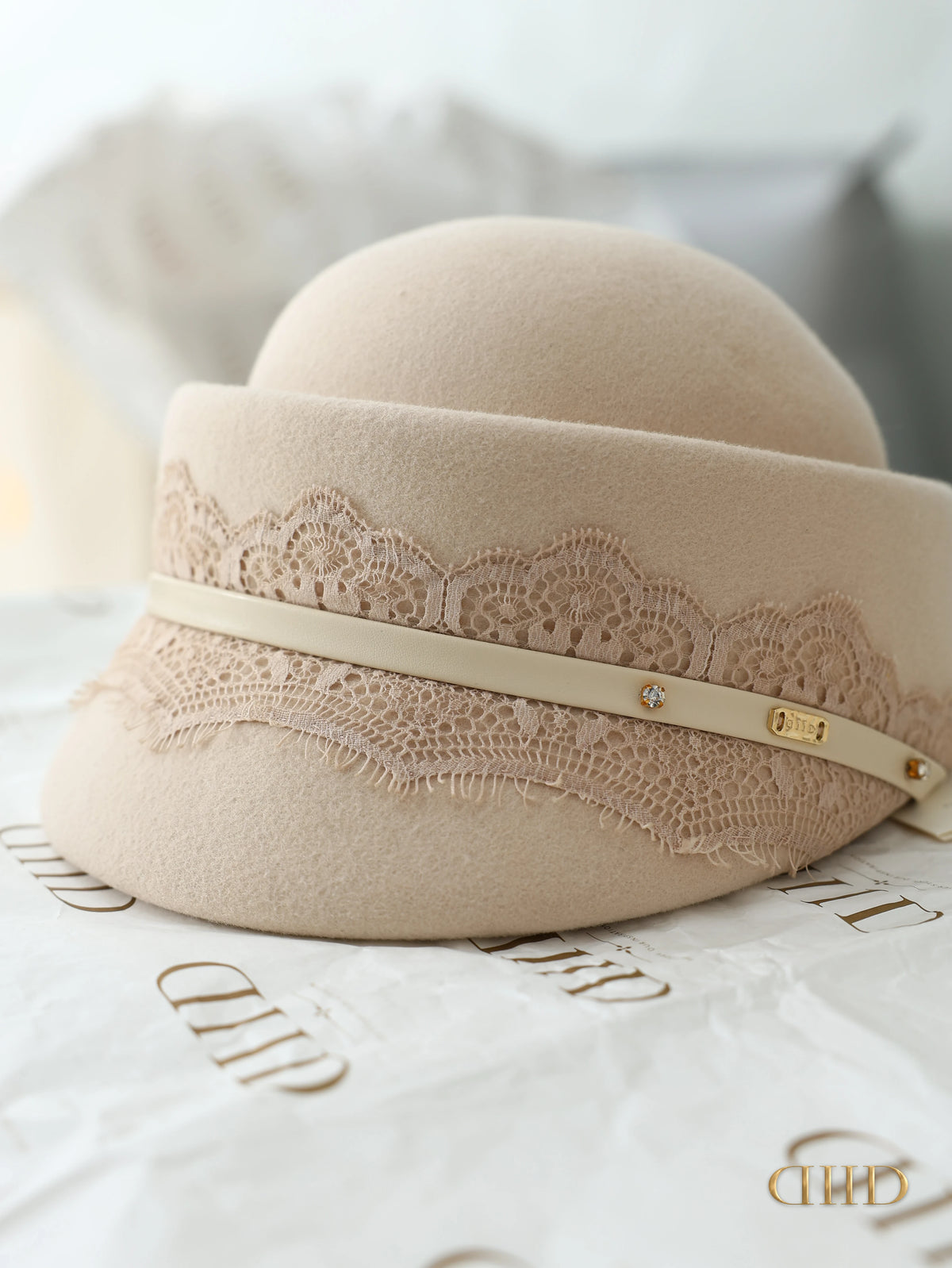 DIID Ivory Lace-Band Cloche Hat with a scalloped lace band and slim strap, side view