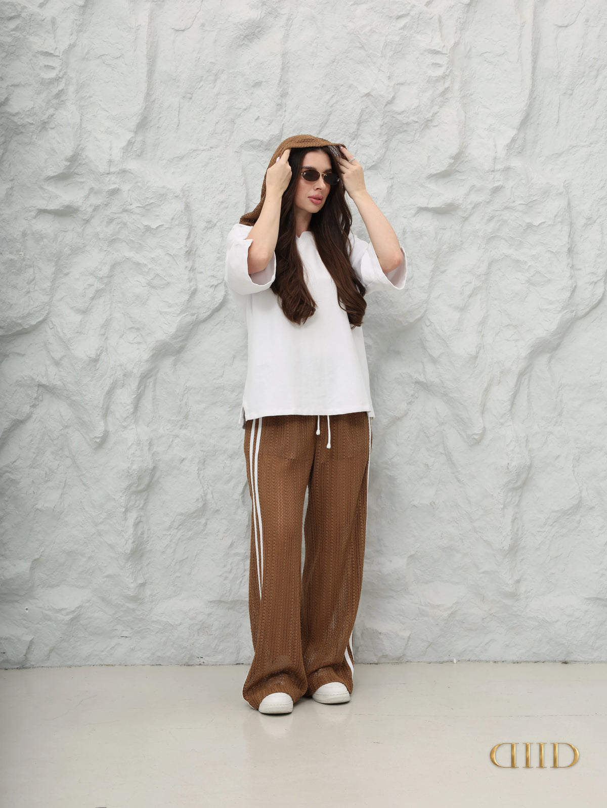 Sable Hood Set – White Top & Mocha Crochet Trousers | DIID