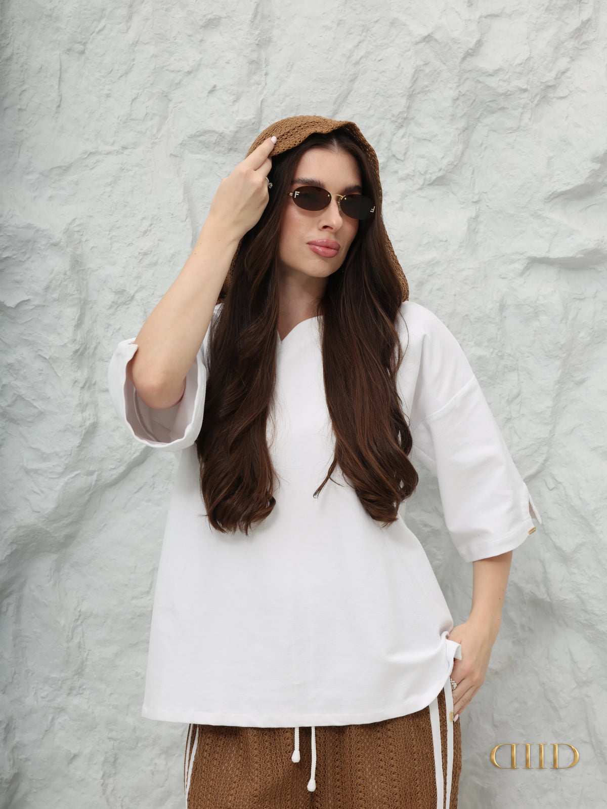 Sable Hood Set – White Top & Mocha Crochet Trousers | DIID