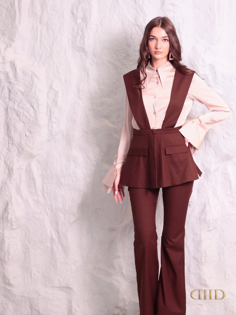 DIID Siena Set: chocolate-brown waistcoat and trousers with a champagne satin shirt, front view