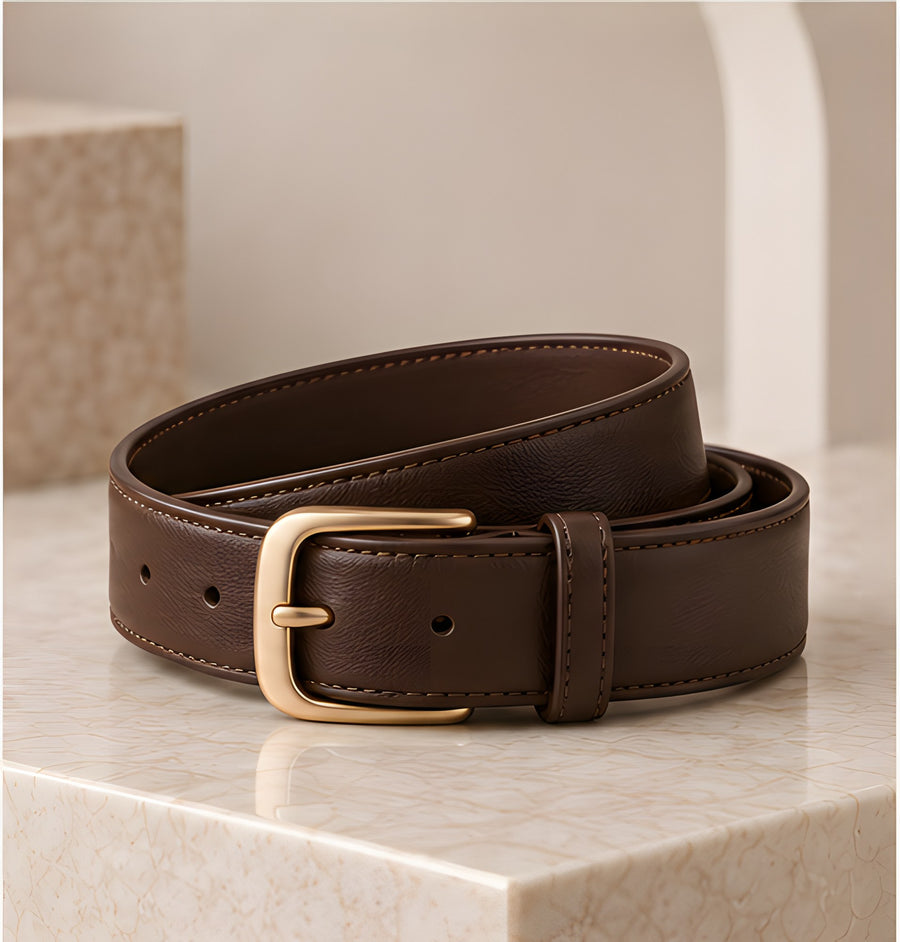 DIID Signature Leather Belt in chocolate with a gold-tone buckle, coiled