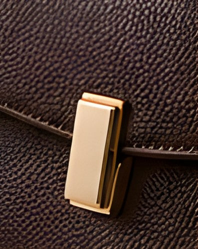 Close-up of the gold-tone clasp and pebble-grain finish on the DIID handbag