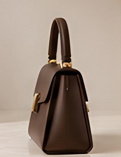 Side profile of the chocolate Signature Structured Handbag showing its structured shape