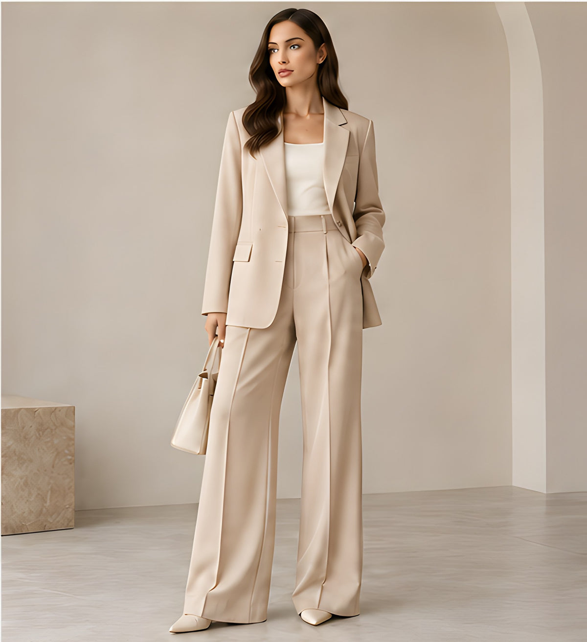 DIID Tailored Wide-Leg Co-ord Set in beige: single-breasted blazer and wide-leg trousers, front view