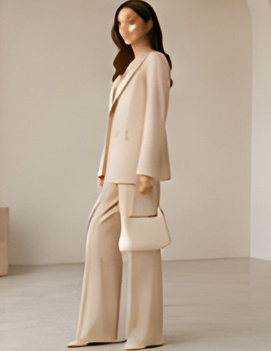 Side view of the beige Tailored Wide-Leg Co-ord Set showing the long wide-leg trouser line