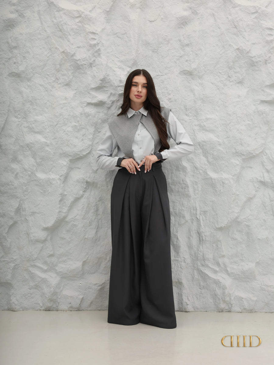 DIID Windsor Grey Set: light grey cotton shirt, cropped grey knit overlay and dark grey pleated wide-leg trousers, front view