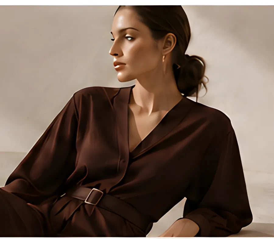 Woman in a chocolate-brown DIID outfit seated against a warm stone wall